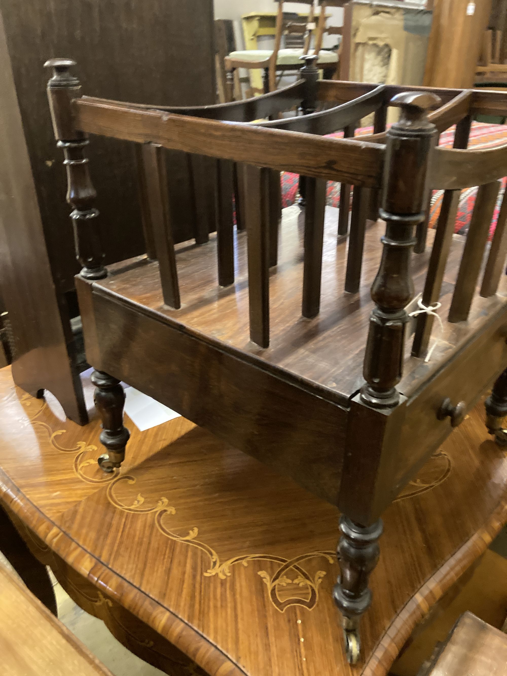 An early Victorian rosewood Canterbury, width 48cm, depth 43cm, height 56cm